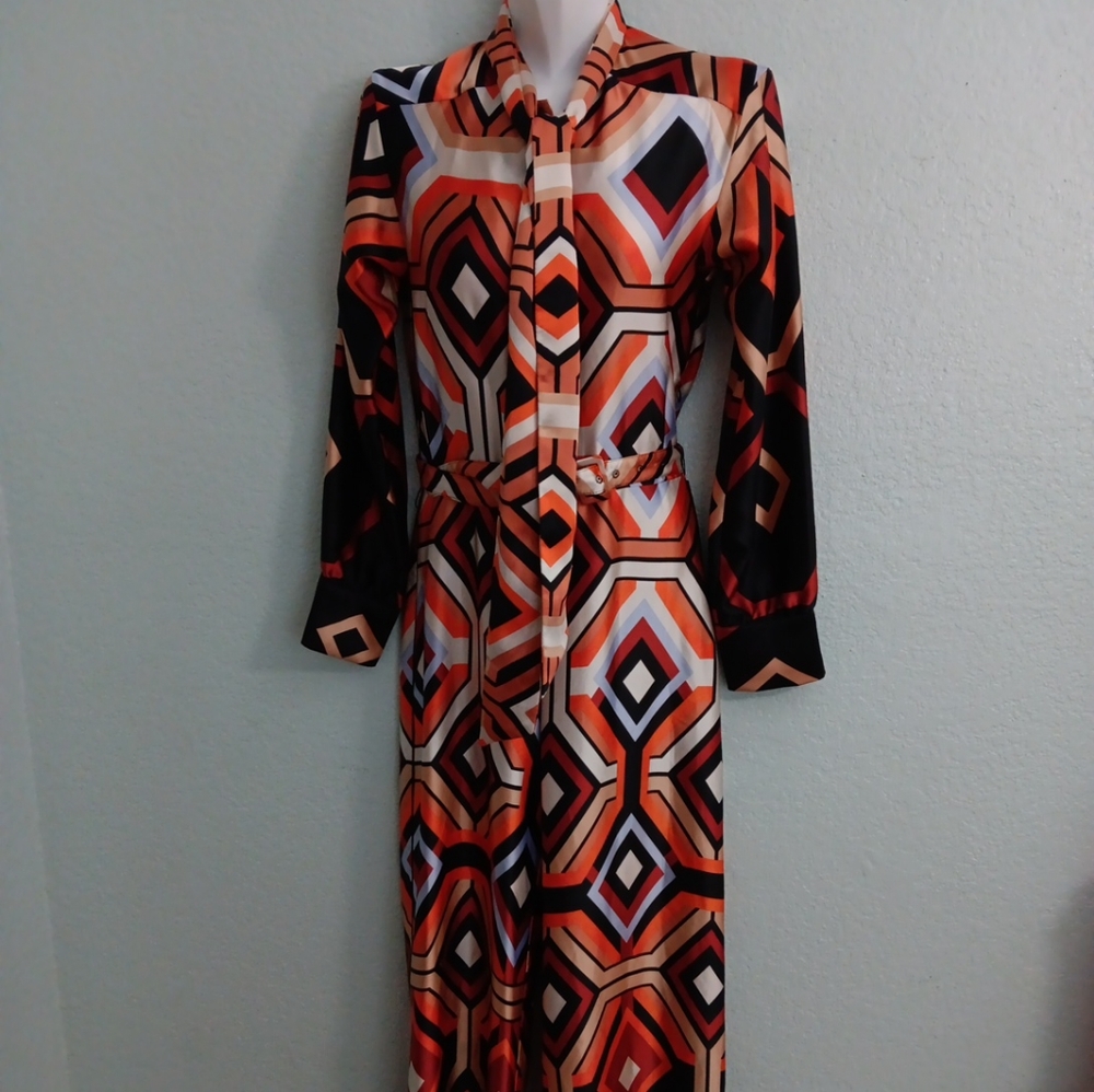 Zara Geometric print black and orange retro satin jumpsuit sz xs